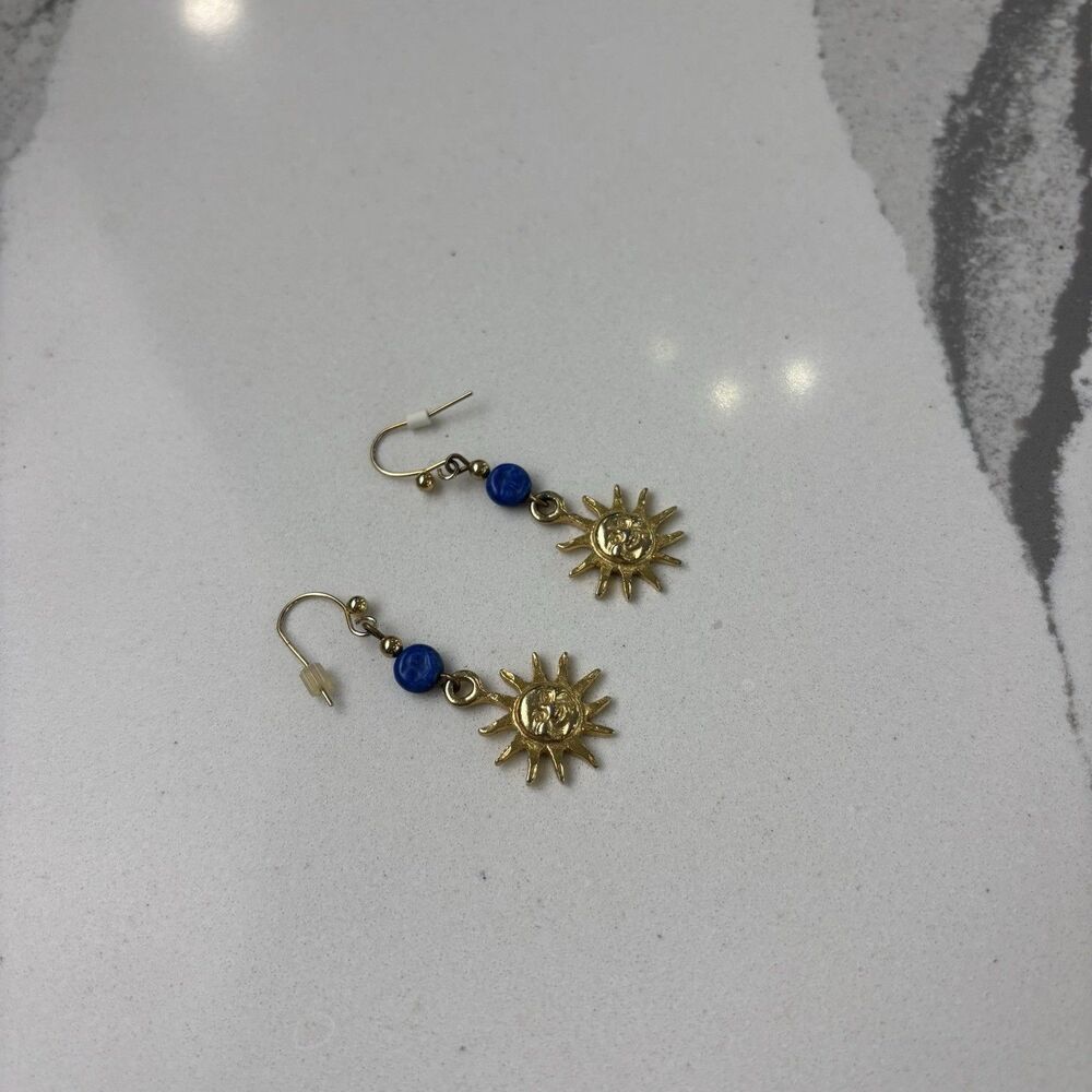 Celestial Sun Face Dangle Earrings Gold Tone Blue Sunburst Cosmic Boho Jewelry - Picture 4 of 7